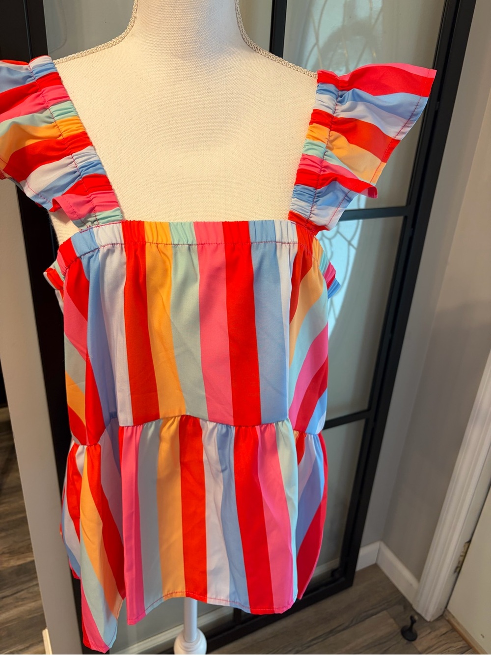 NWT…Boutique…Colorful Striped Ruffle Sleeve/Strap Top…Size XL